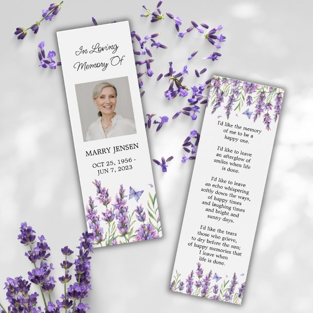 Lavender Floral Photo Funeral Memorial Bookmark Litet Visitkort (Skapare uppladdad)