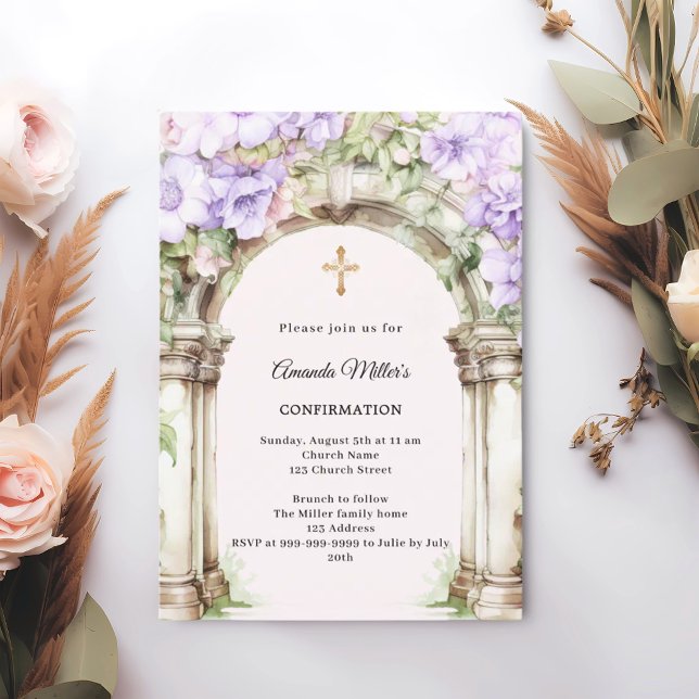 Lavender florals arch girl Confirmation Inbjudningar (Skapare uppladdad)