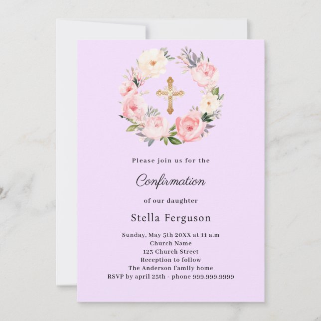 Lavender florals cross Confirmation Inbjudningar (Framsida)