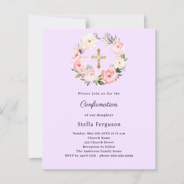 Lavender florals cross Confirmation invitation (Framsida)