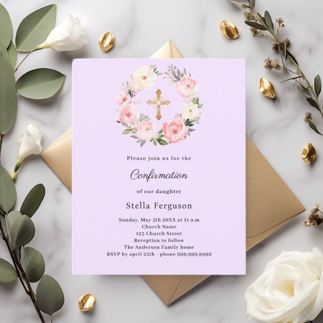 Lavender florals cross Confirmation invitation (Skapare uppladdad)