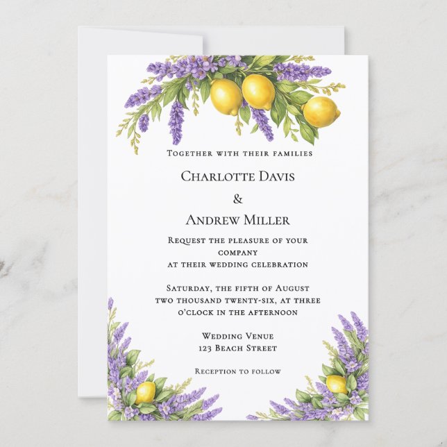 Lavender florals lemons wedding  inbjudningar (Framsida)