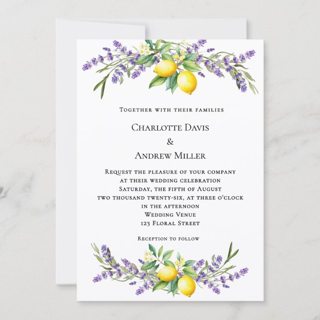 Lavender florals lemons wedding  inbjudningar (Framsida)