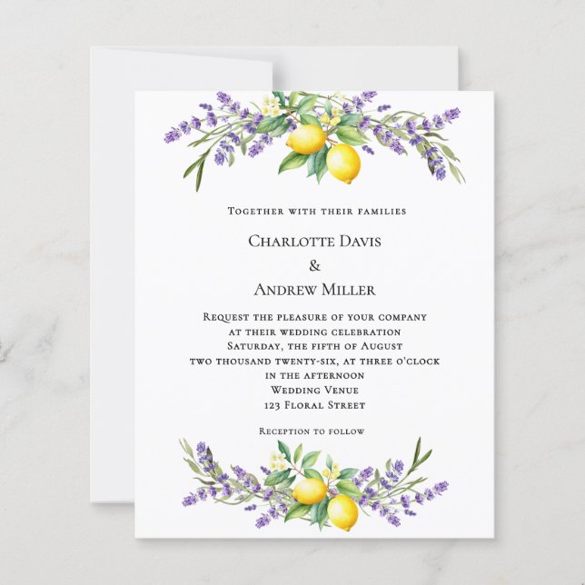 Lavender florals lemons wedding invitation (Framsida)