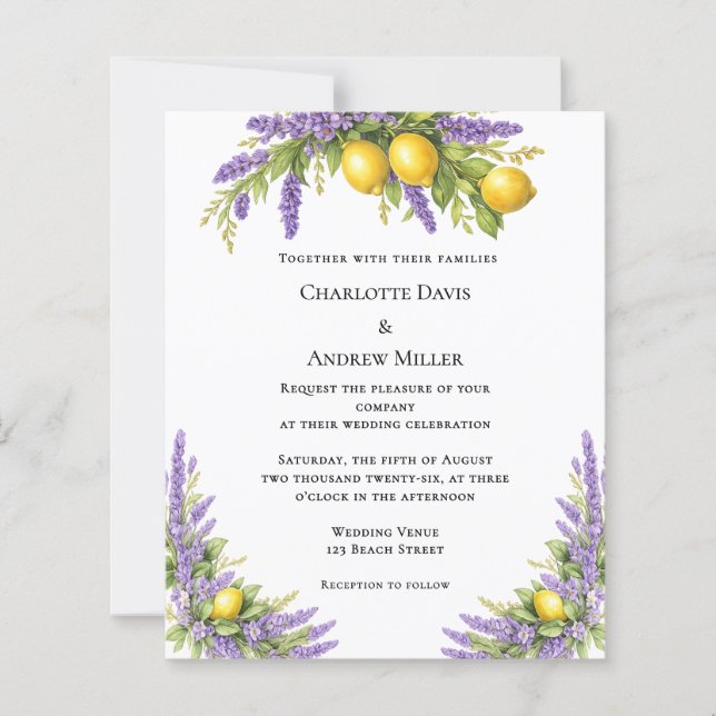 Lavender florals lemons wedding invitation (Framsida)