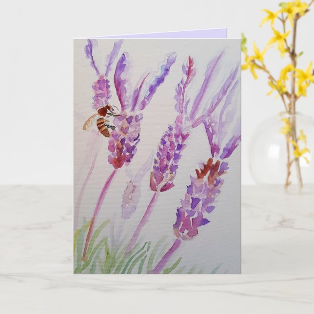 Lavender Flower och Bee Watercolor Art Card Kort (Gul blomma)