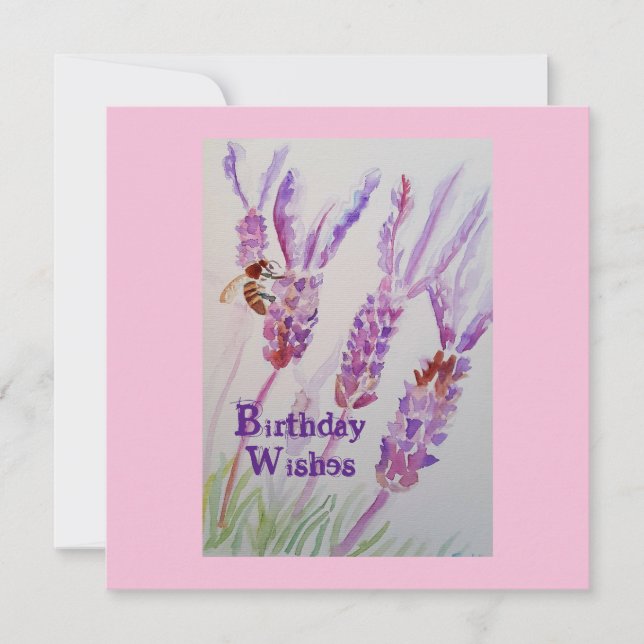Lavender Flower och Bee Watercolor Birthday Card (Framsida)