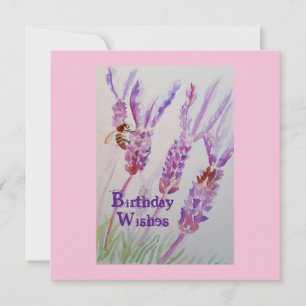 Lavender Flower och Bee Watercolor Birthday Card