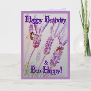 Lavender Flower och Bee Watercolor Birthday Kort