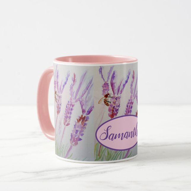 Lavender Flower och Bee Watercolor Birthday Mugg (Framsida vänster)