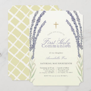 Lavender Flower Sprigs Gult First Heliga Communion Inbjudningar