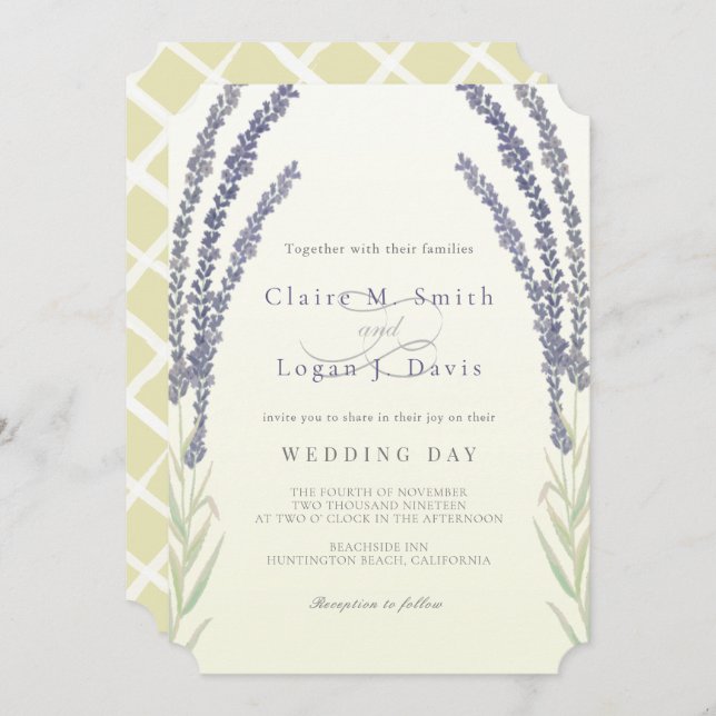 Lavender Flower Sprigs Watercolor Gult Bröllop Inbjudningar (Fram/baksida)