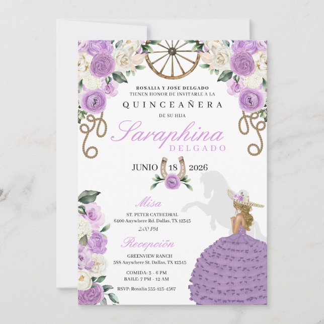 Lavender Flowers Boots & Ropes Westerna Quinceañer Inbjudningar (Framsida)
