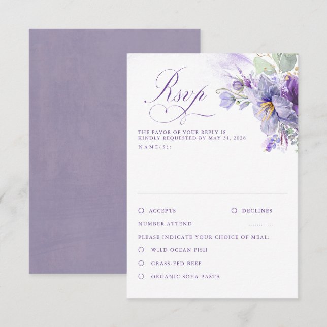 Lavender Flowers Botanical Chic Wedding RSVP OSA Kort (Fram/baksida)