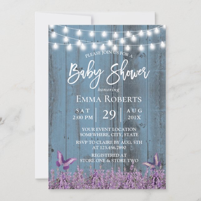 Lavender Flowers Butterfly Dusty Blue Baby Shower Inbjudningar (Framsida)