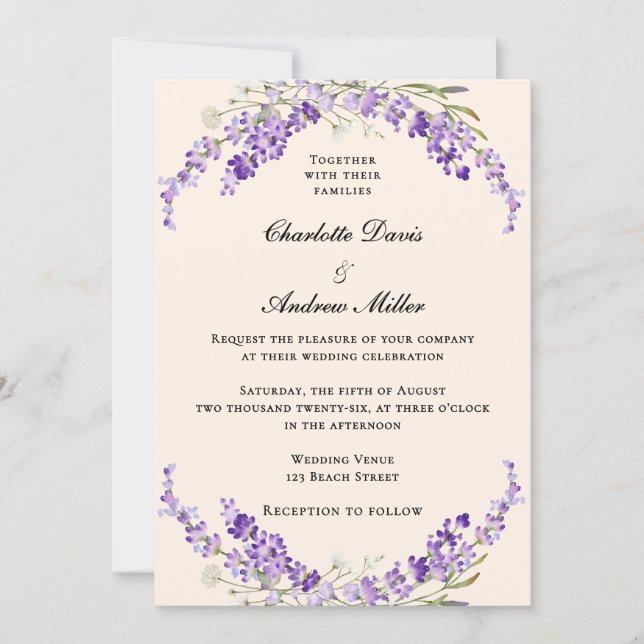 Lavender flowers champage cream wedding inbjudningar (Framsida)