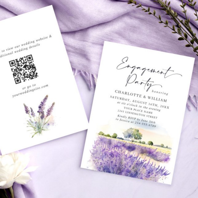 Lavender Flowers Fält Förlovningsfest QR-kod Inbjudningar (Skapare uppladdad)