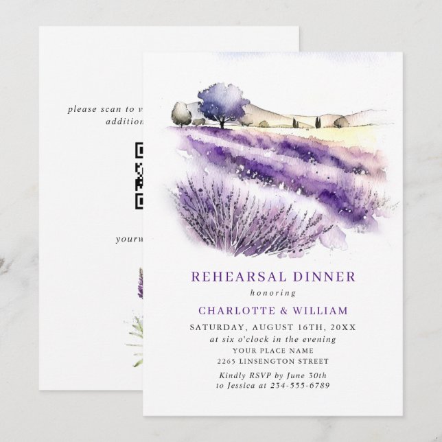 Lavender Flowers Fält Rehearsal Dinner QR-kod Inbjudningar (Fram/baksida)