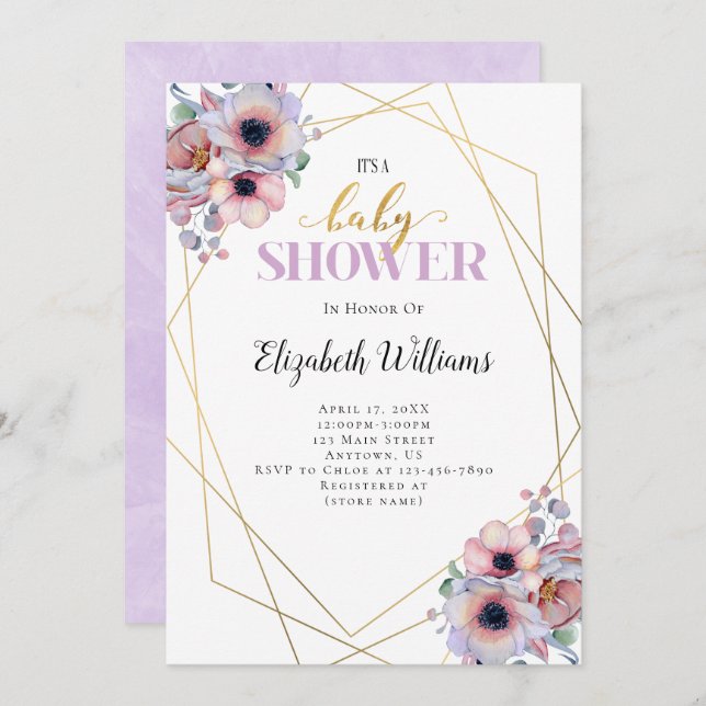 Lavender Flowers Geometric Ram Baby Shower Inbjudningar (Fram/baksida)