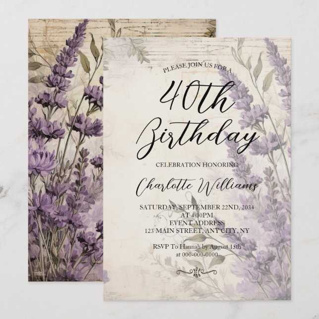 Lavender Flowers Kvinnor 40:e födelsedagen Inbjudningar (Fram/baksida)