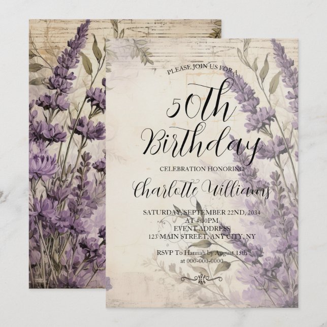 Lavender Flowers Kvinnor 50:e födelsedagen Inbjudningar (Fram/baksida)