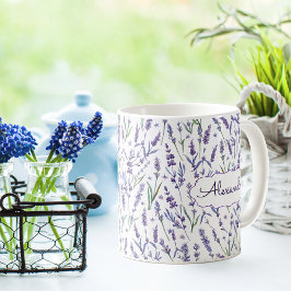 Lavender Flowers Mönster med Monogram Kaffemugg