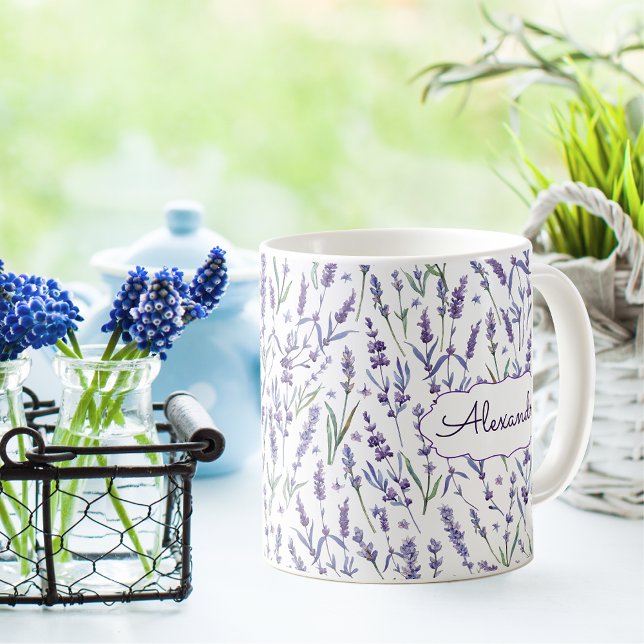 Lavender Flowers Mönster med Monogram Kaffemugg (Skapare uppladdad)