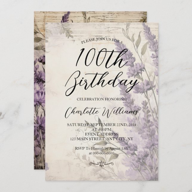 Lavender Flowers Women 100 Birthday Inbjudningar (Fram/baksida)