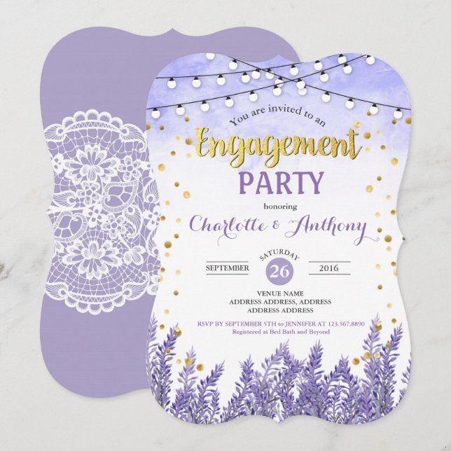 Lavender förlovningsfest lila guld inbjudningar (Fram/baksida)