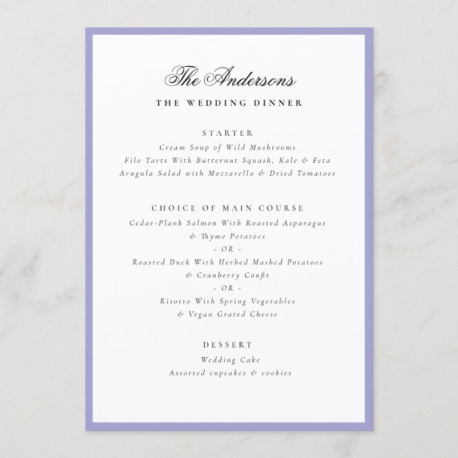 Lavender Frame Calligraphy Name Wedding Dinner Meny (Framsida)