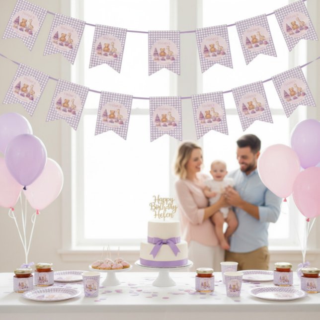 Lavender Gingham 1st Birthday Bunting Flags Vimplar (Skapare uppladdad)
