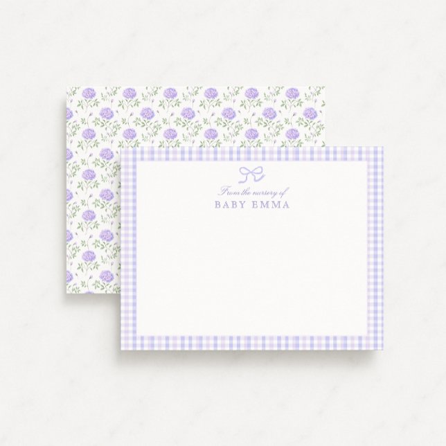 Lavender Gingham & Blommigt Baby Note Card Inbjudningar (Skapare uppladdad)
