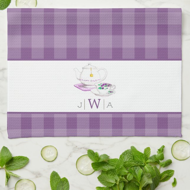 Lavender Gingham Monogrammed Tea Party Kökshandduk (Vikta)