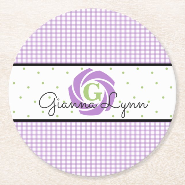 Lavender Gingham Monogrammed Underlägg Papper Rund (Framsidan)