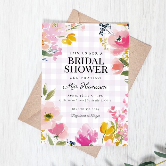 Lavender Gingham Spring Floral Bridal Shower Inbjudningar (Skapare uppladdad)