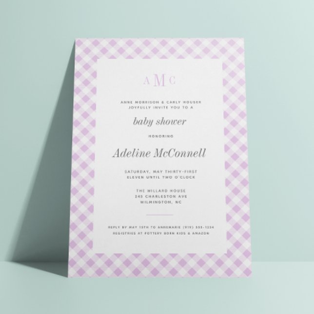 Lavender Gingham Traditional Baby Shower Inbjudningar (Skapare uppladdad)