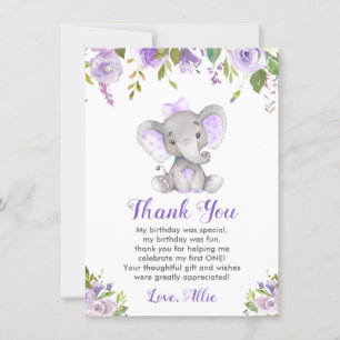 Lavender Girl 1st First Birthday Elephant Lila Tack Kort
