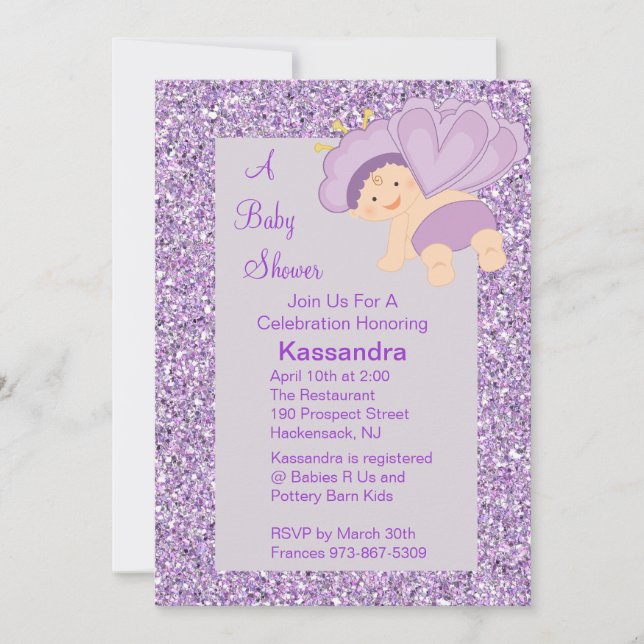 Lavender Glitter Baby Butterfly Shower Inbjudan (Framsida)