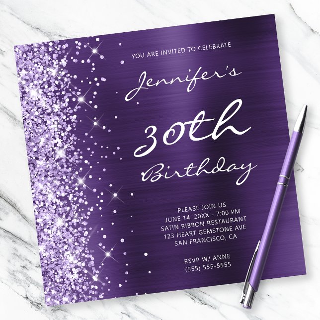 Lavender Glitter Mörk Violet Foil 30års födelsedag Inbjudningar (Skapare uppladdad)