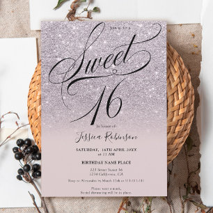Lavender glitter ombre chic script lila Sweet 16 Inbjudningar