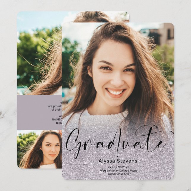 Lavender glitter ombre-skript 4 foton studenten meddelande (Fram/baksida)