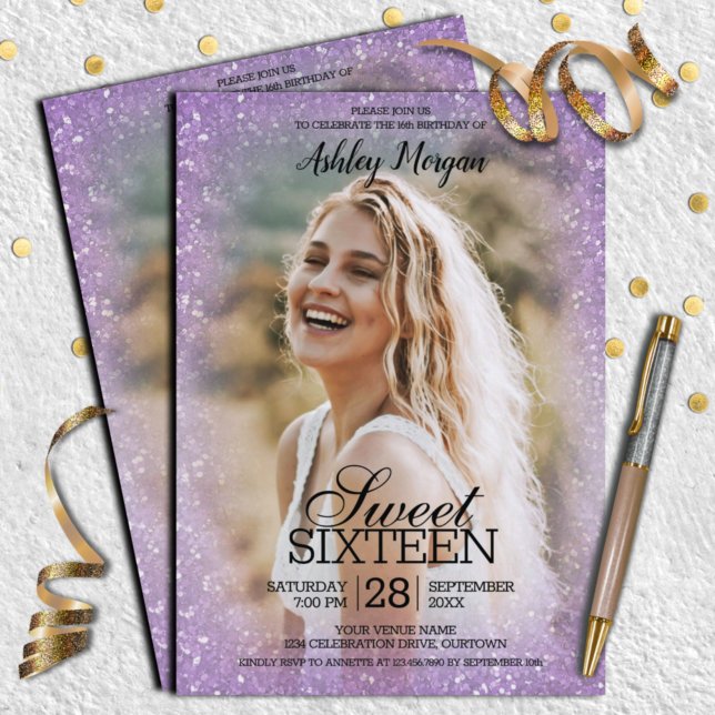 Lavender Glitter Photo Template Sweet 16 Party Inbjudningar (Skapare uppladdad)