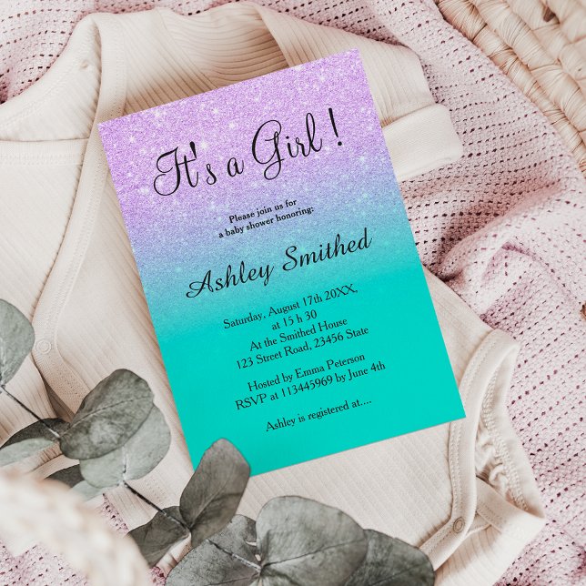 Lavender glitter turquise ombre Girl Baby dusch Inbjudningar (Skapare uppladdad)