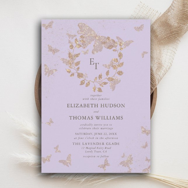 Lavender Gold Butterflies Monograms Wreath Wedding Inbjudningar (butterfly wedding invitation lavender gold purple eucalyptus crest elegant modern classic romantic)