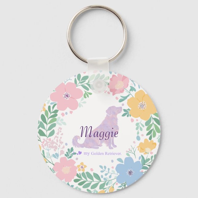 Lavender Golden Retriever Silhouette Wreath Photo Nyckelring (Framsida)