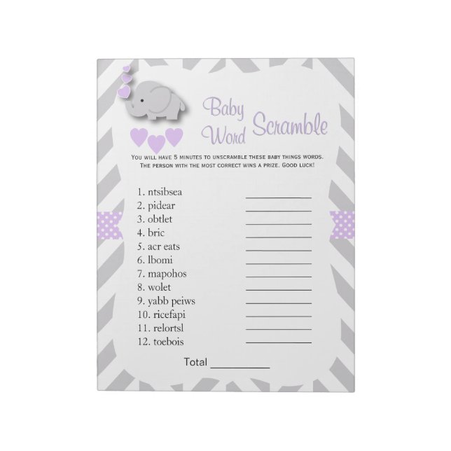 Lavender & Grått Elephant Baby Shower Ord Game Anteckningsblock (Roterad)