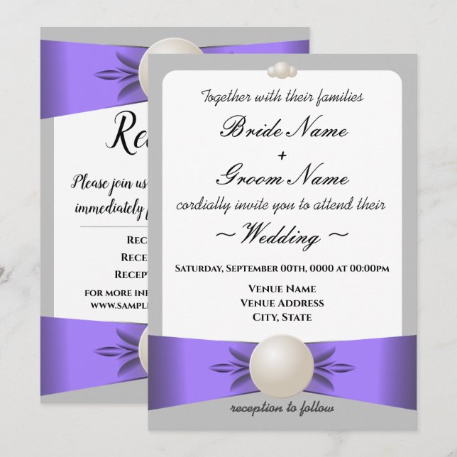 Lavender & Grått Pearl Ribbon Bröllop & Reception Inbjudningar (Fram/baksida)