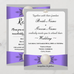 Lavender & Grått Pearl Ribbon Bröllop & Reception Inbjudningar