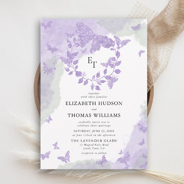 Lavender Green Dream Butterfly Eucalyptus Wedding Inbjudningar (butterfly wedding invitation lavender purple green eucalyptus crest elegant modern romantic)