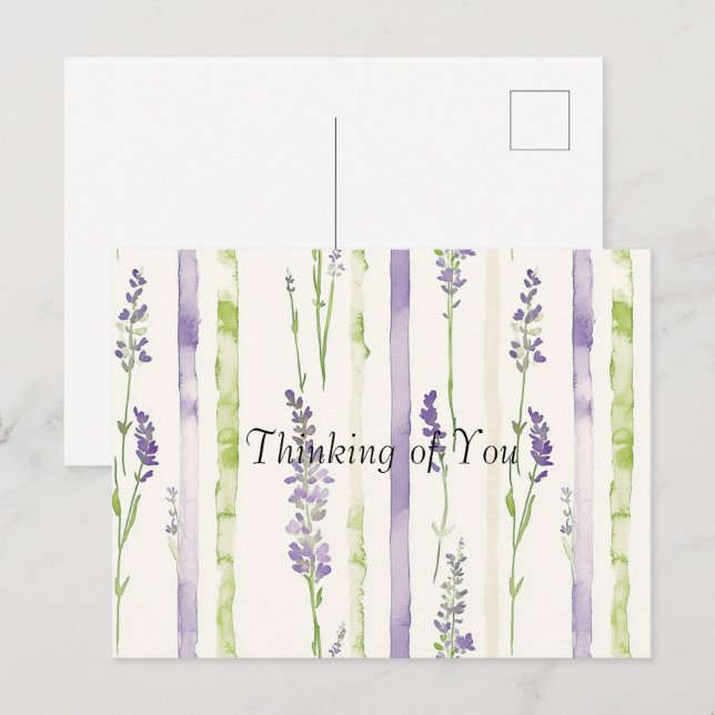 Lavender Green Stripes Floral Thinking of You Vykort (Fram/baksida)
